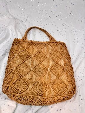 Vintage Handmade Crocheted Twine Tote Bag 1970s Boho Market Purse